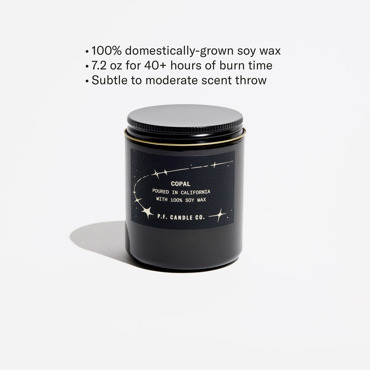 100% domestically-grown soy wax, 7.2 oz for 40+ hours of burn time, subtle to moderate scent throw