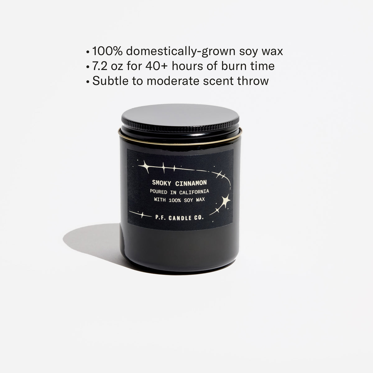 100% domestically-grown soy wax, 7.2 oz for 40+ hours of burn time, subtle to moderate scent throw