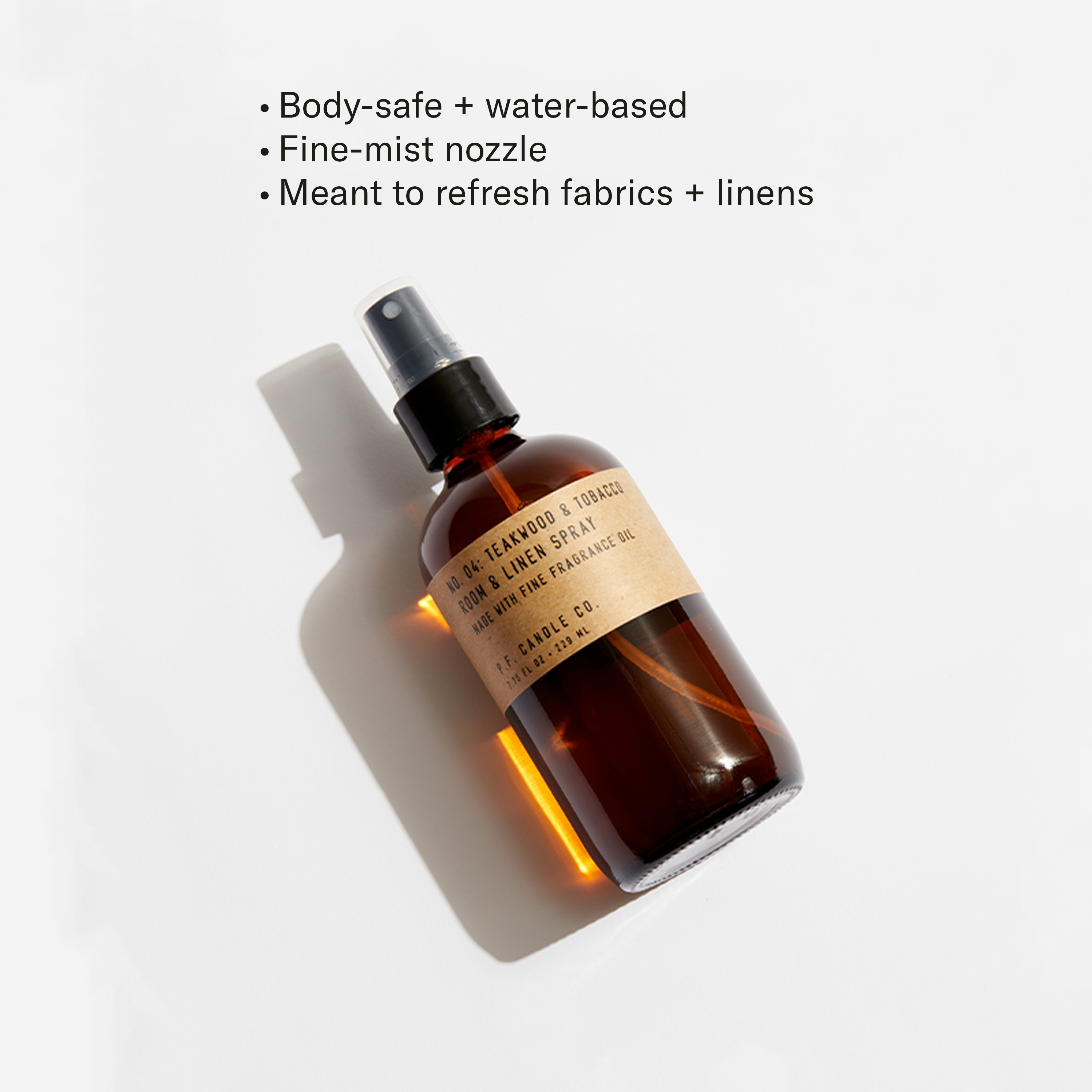 Body-safe + water-based, Fine-mist nozzle, Meant to refresh fabrics + linens