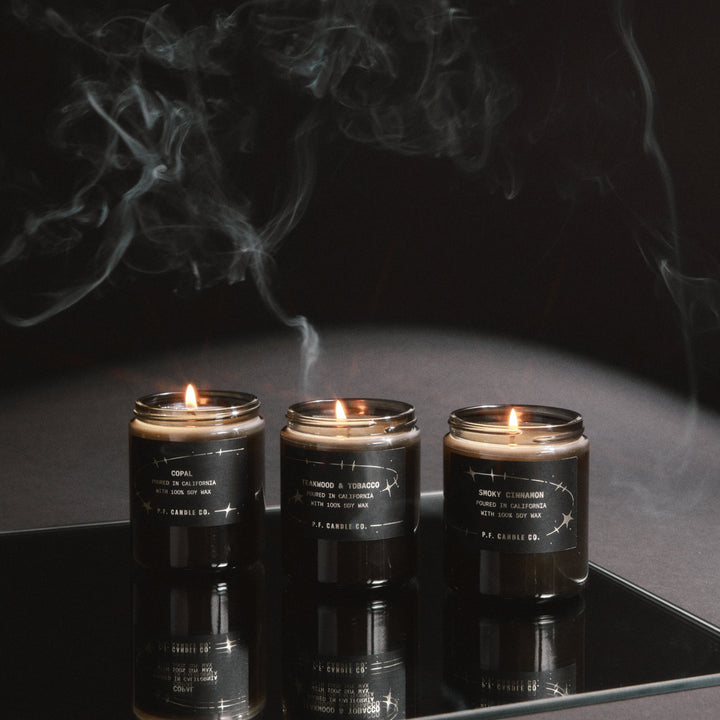 celestial lifestyle trio of copal, smoky cinnamon, and teakwood & tobacco. 